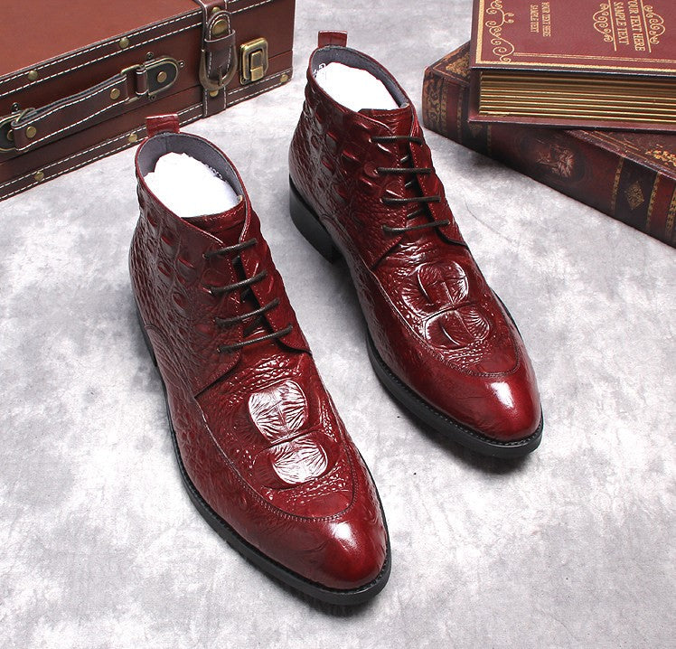 Men's burgundy wingtip brogue lace-up dress boots, textured leather, cushioned collar