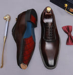 Men's chunky lug sole oxford shoes, dark brown upper with red interior lining detail.