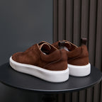 Men's leather sneakers, brown low-top, with padded heel and white rubber sole