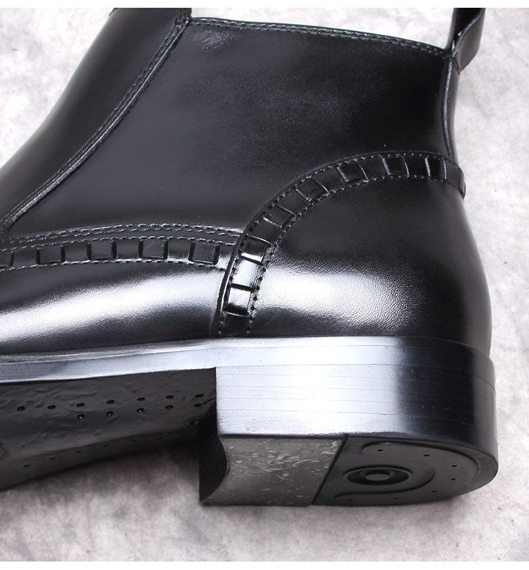 Black leather ankle boot heel and thick sole with stitched panel and cushioned look