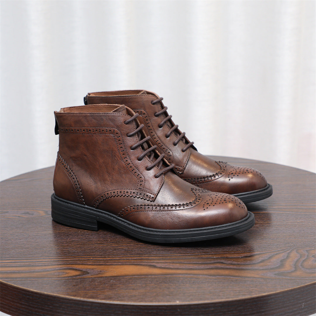 Burnished Wingtip Brogue Leather Back-Zip Boots for Men