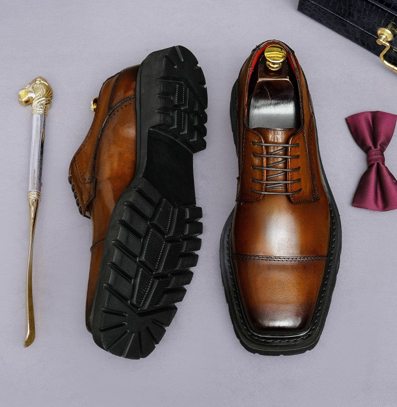 Men's Chunky Lug Sole Cap Toe Square Chisel Leather Derbies