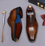 Brown wingtip brogue oxford shoes with chunky lug sole and lace-up front