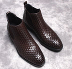 Men's dark brown leather chelsea dress boots with woven upper, slip-on elastic gore
