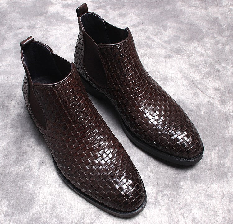 Men's dark brown leather chelsea dress boots with woven upper, slip-on elastic gore