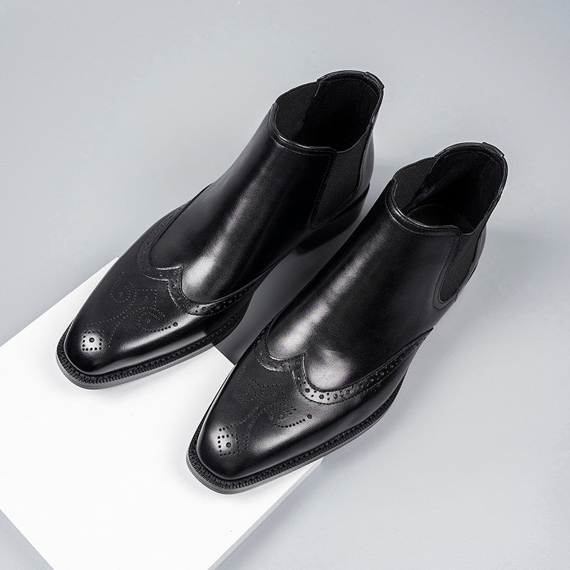 Black genuine leather chelsea dress boots with elastic side panels, rounded toe