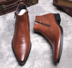 Brown leather side-zip dress boots with thick sole and pointed toe, angled view.