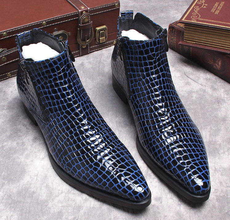 Blue textured side-zip dress boots with thick sole, pointed toe