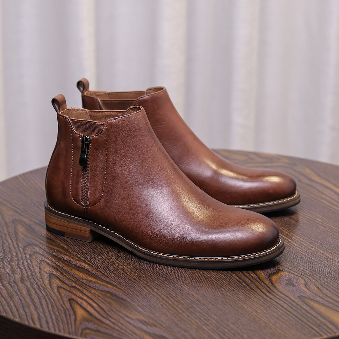 Men's Leather Plain Toe Side-Zip Chelsea Dress Boots