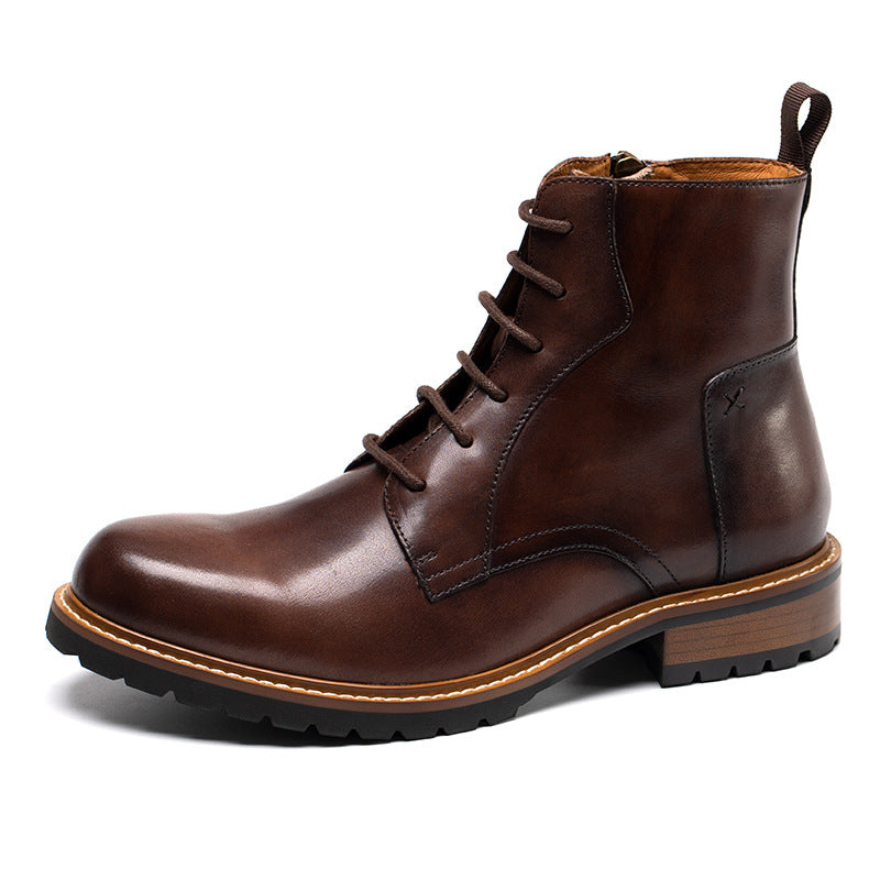 Dark brown leather lace-up cap-toe side-zip dress boots with rugged tread sole