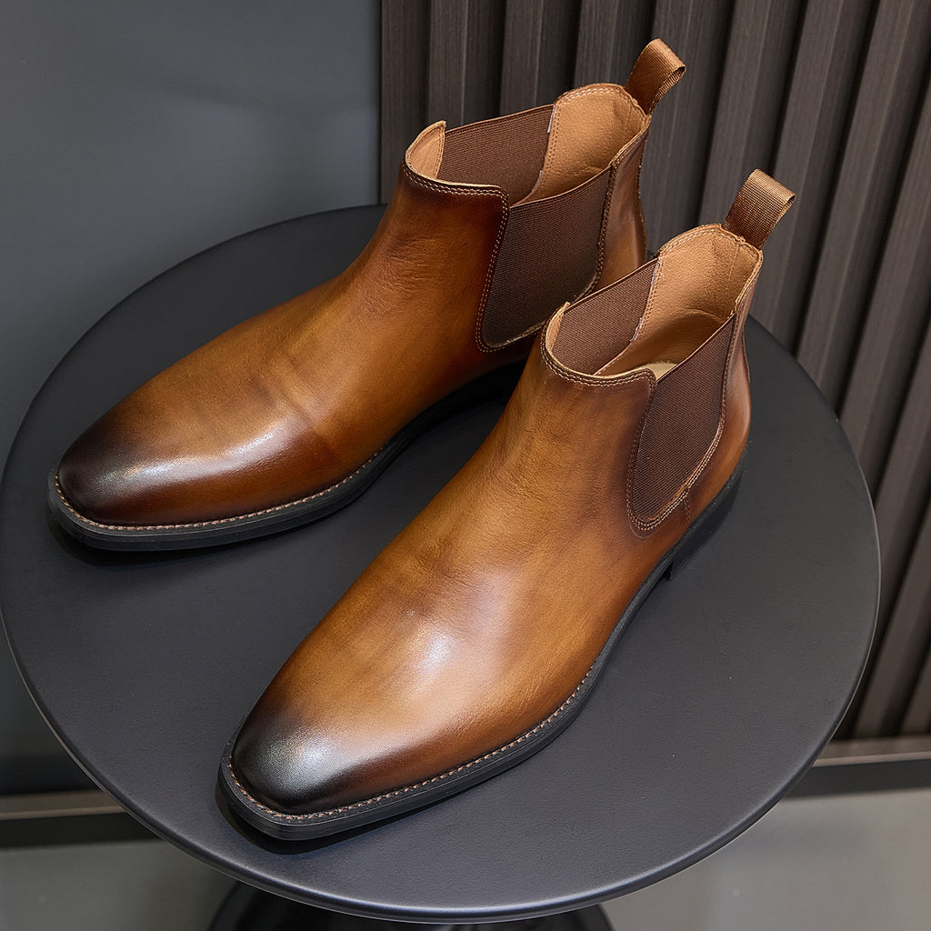 Burnished Leather Plain Toe Chelsea Boots for Men