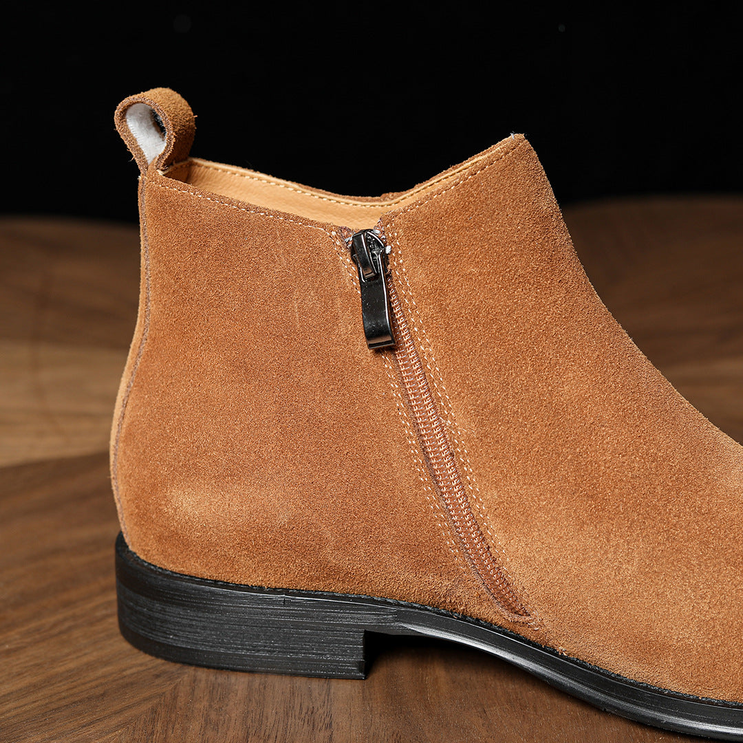 Men's pointed-toe leather side-zip dress boots, side zipper close-up, brown suede