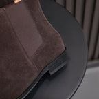 Men's pointed-toe suede Chelsea dress boots, dark brown elastic panel detail