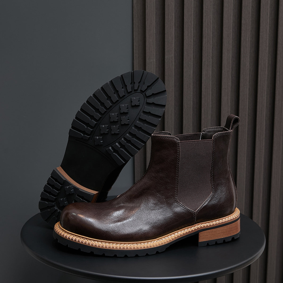 Men's dark brown pointed-toe suede Chelsea boots, elastic side panels, rugged tread sole