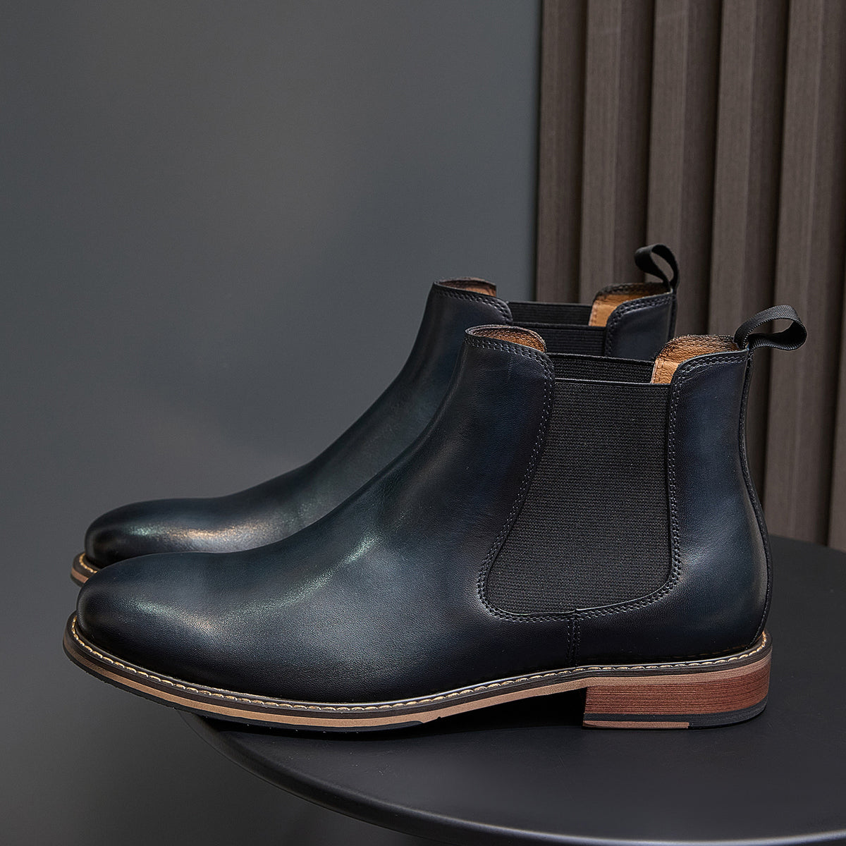 Men's suede chelsea dress boots, blue, pointed toe with elastic side gore
