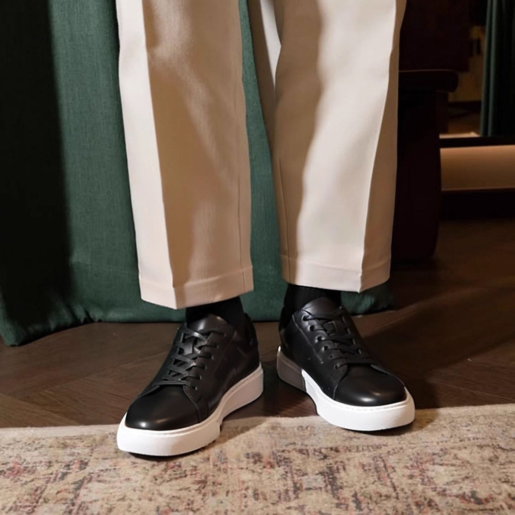 Men's genuine leather low-top sneakers, black lace-up with white rubber sole