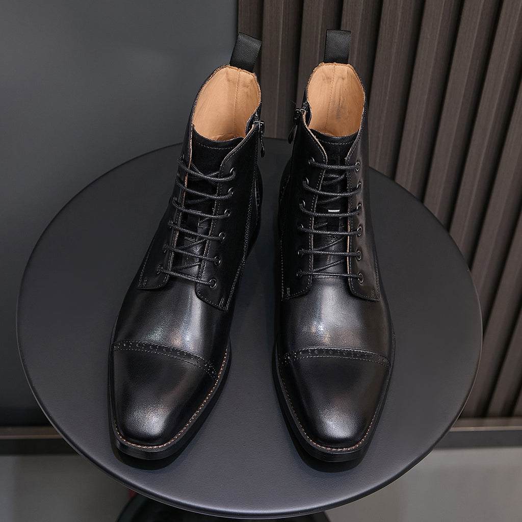 Men's black leather pointed-toe dress boots with lace-up front and back pull tabs