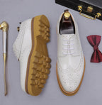 Men's leather derby dress shoes, white with perforated detailing and tread sole