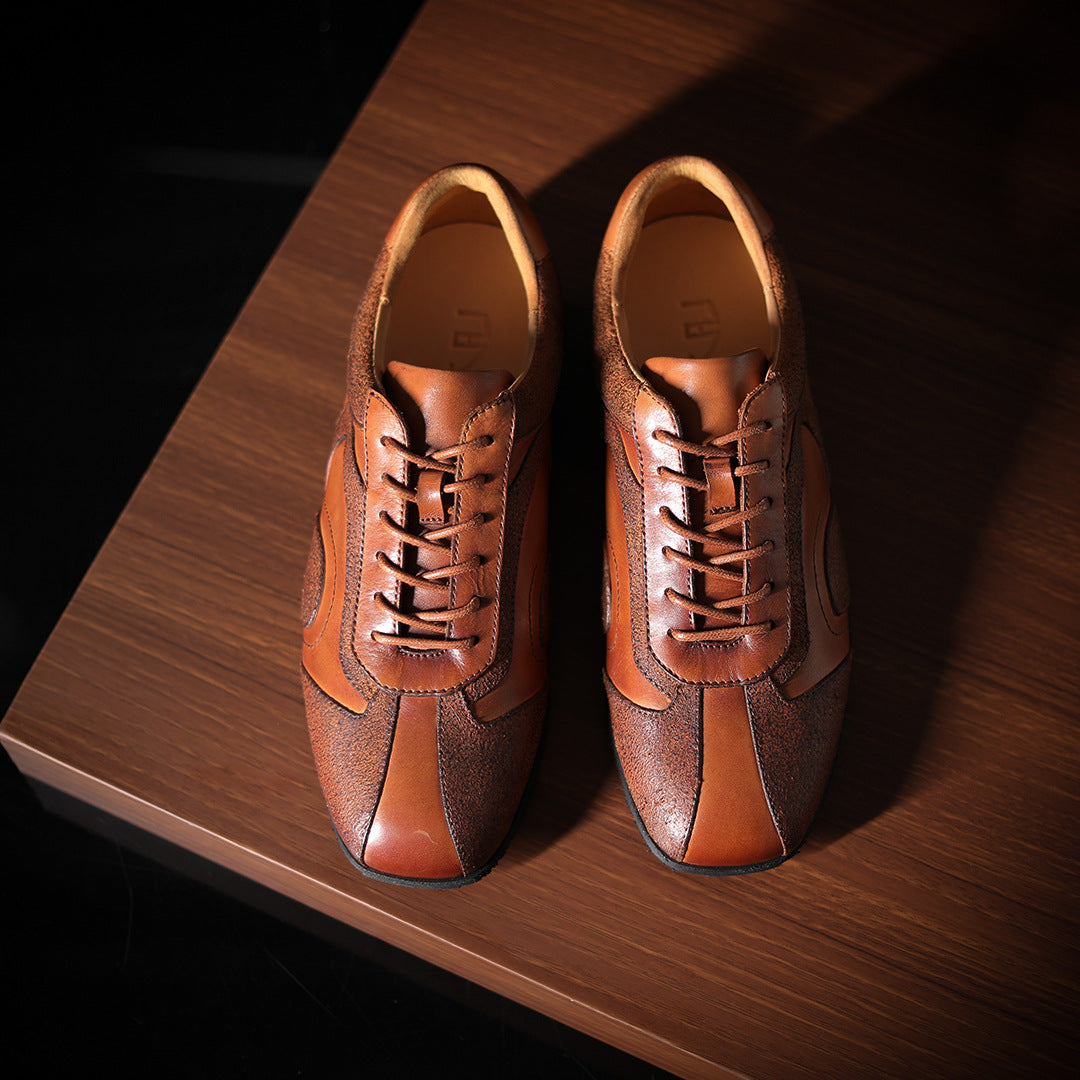 Men's genuine leather lace-up sneakers, brown leather with lace-up front and cushioned collar