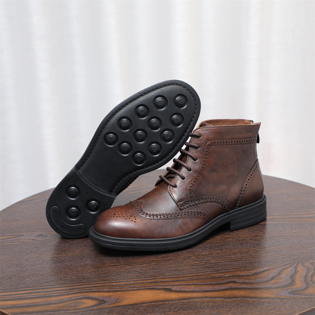 Burnished Wingtip Brogue Leather Back-Zip Boots for Men