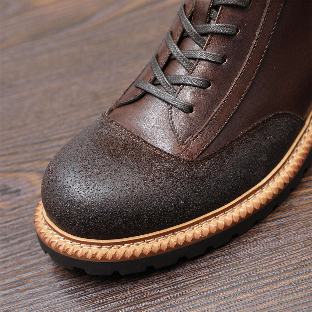 Men's Leather Textured Cap Toe Lug Sole Lace-Up Boots