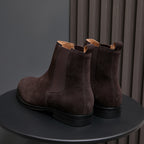 Men's pointed-toe suede Chelsea dress boots, dark brown, heel and elastic panels