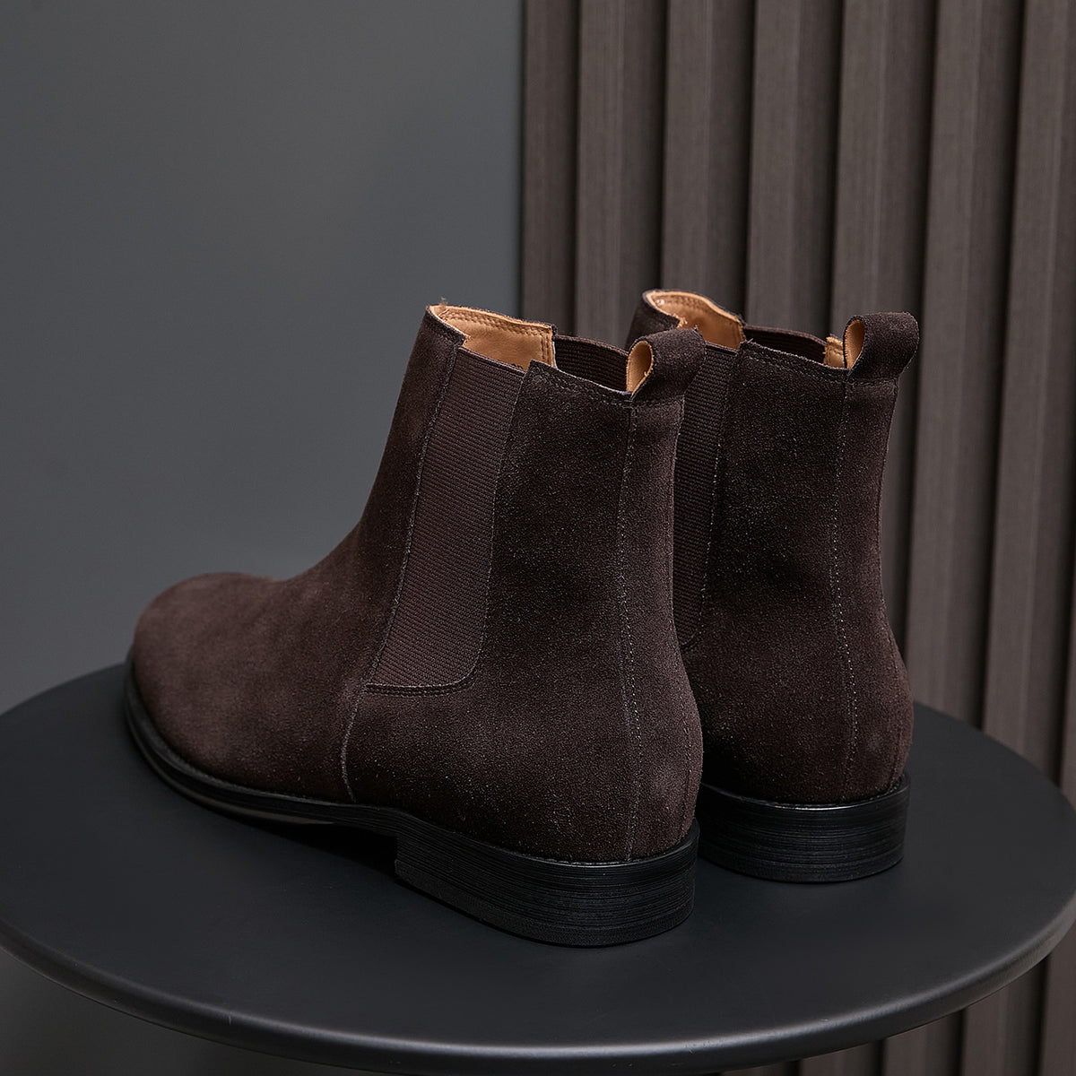 Men's pointed-toe suede Chelsea dress boots, dark brown, heel and elastic panels