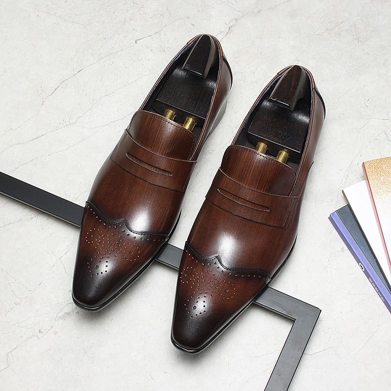 Brogue Slip-On Men's Business Casual Loafers Pointed Toe Dress Shoes