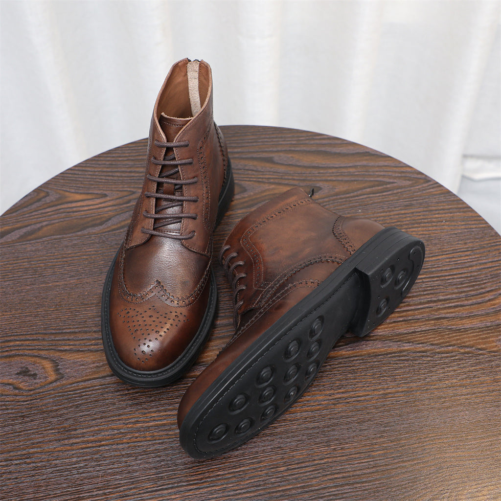 Burnished Wingtip Brogue Leather Back-Zip Boots for Men