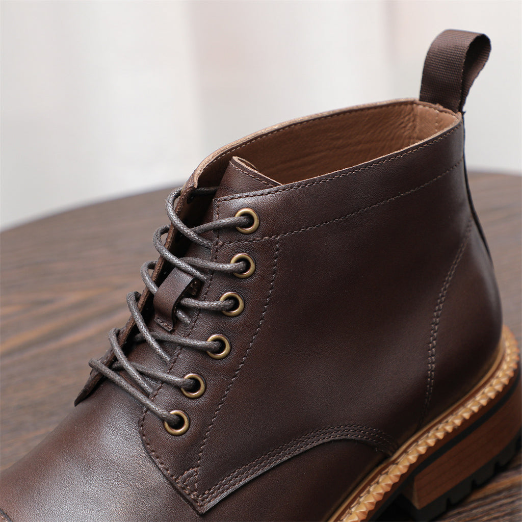 Cap Toe Leather Contrast-Welt Lace-Up Boots for Men