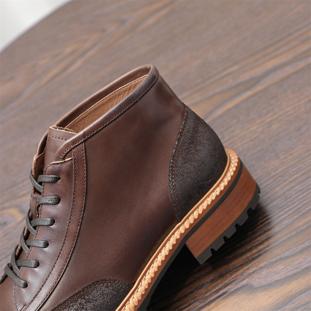 Men's Leather Textured Cap Toe Lug Sole Lace-Up Boots