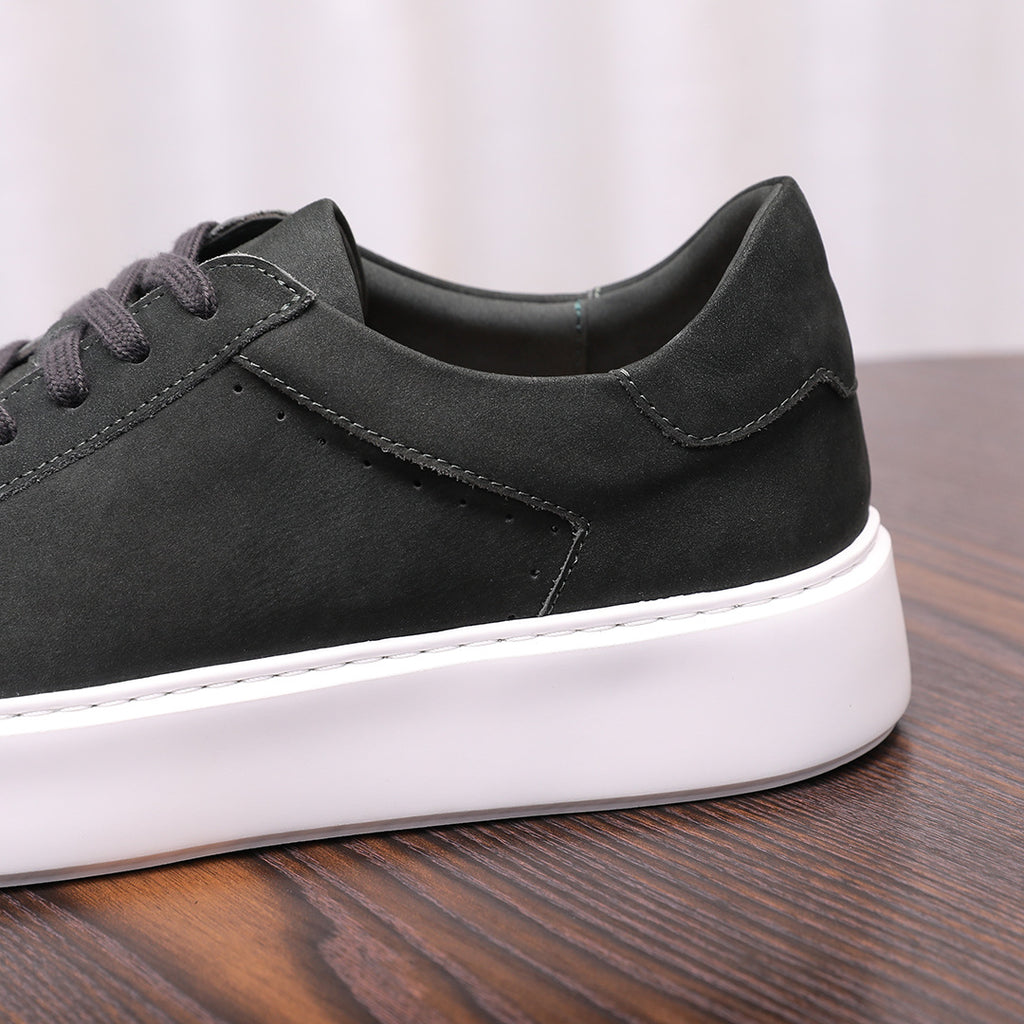 Men's dark suede leather low-top sneakers, lace-up with stitched quarter panel