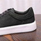 Men's dark suede leather low-top sneakers, lace-up with stitched quarter panel
