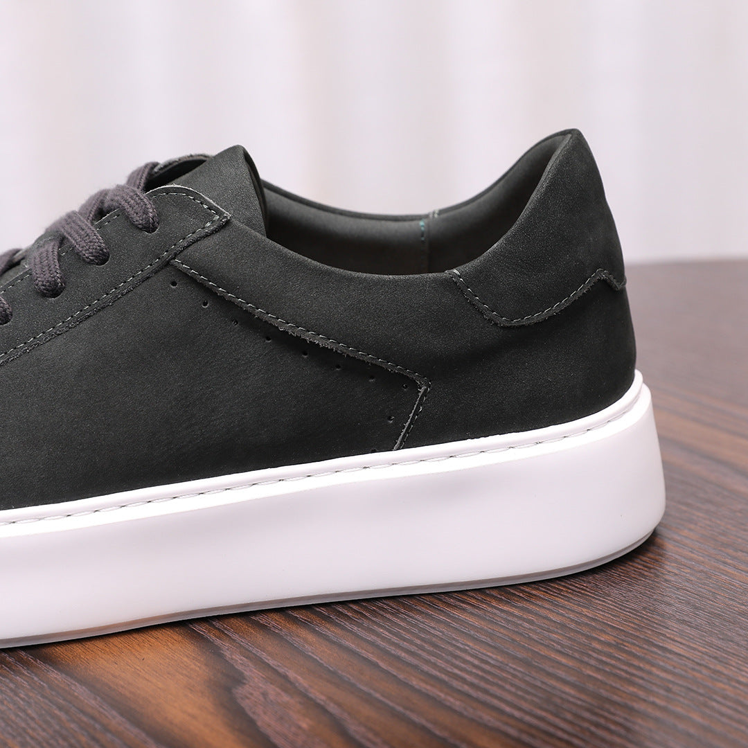 Men's dark suede leather low-top sneakers, lace-up with stitched quarter panel