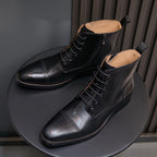 Men's dark black leather pointed-toe lace-up ankle boots with side zip panel
