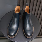 Men's suede chelsea boots pair, blue, pull tabs and elastic side panels