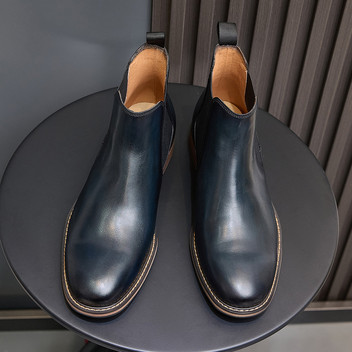 Men's suede chelsea boots pair, blue, pull tabs and elastic side panels