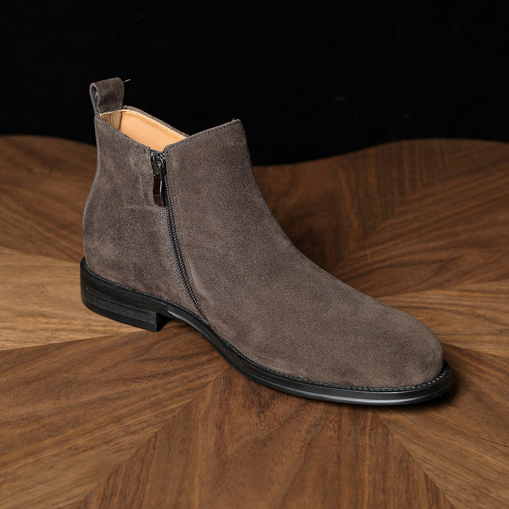 Men's dark brown suede side-zip dress boots with low-profile heel
