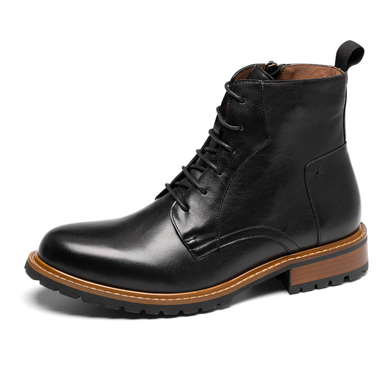 Black leather lace-up cap-toe side-zip dress boots, side profile view