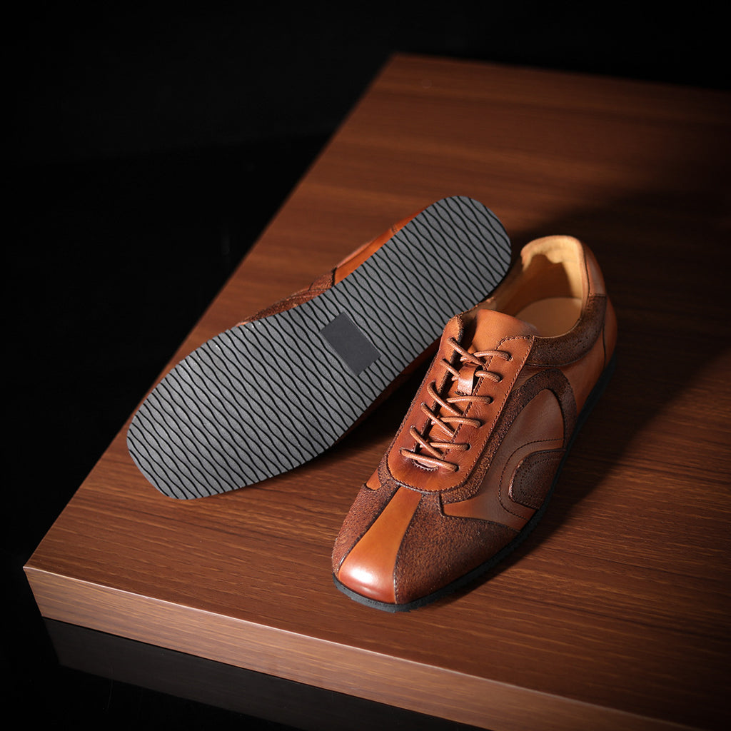 Men's genuine leather lace-up sneakers, brown leather with textured rubber outsole