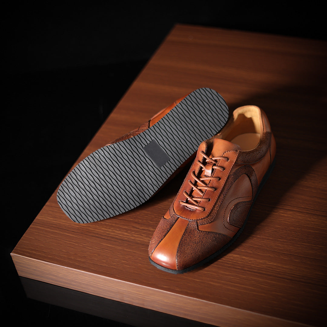 Men's genuine leather lace-up sneakers, brown leather with textured rubber outsole
