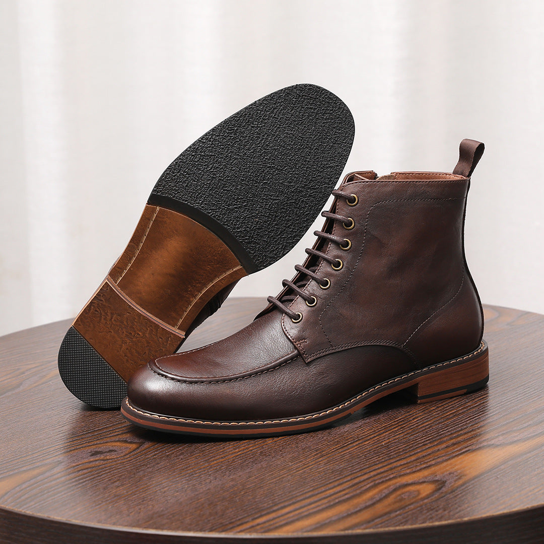 Brown leather side-zip dress boot shown from side with lace-up detailing
