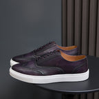 Men's leather sneakers, dark purple with white sole and lace-up front