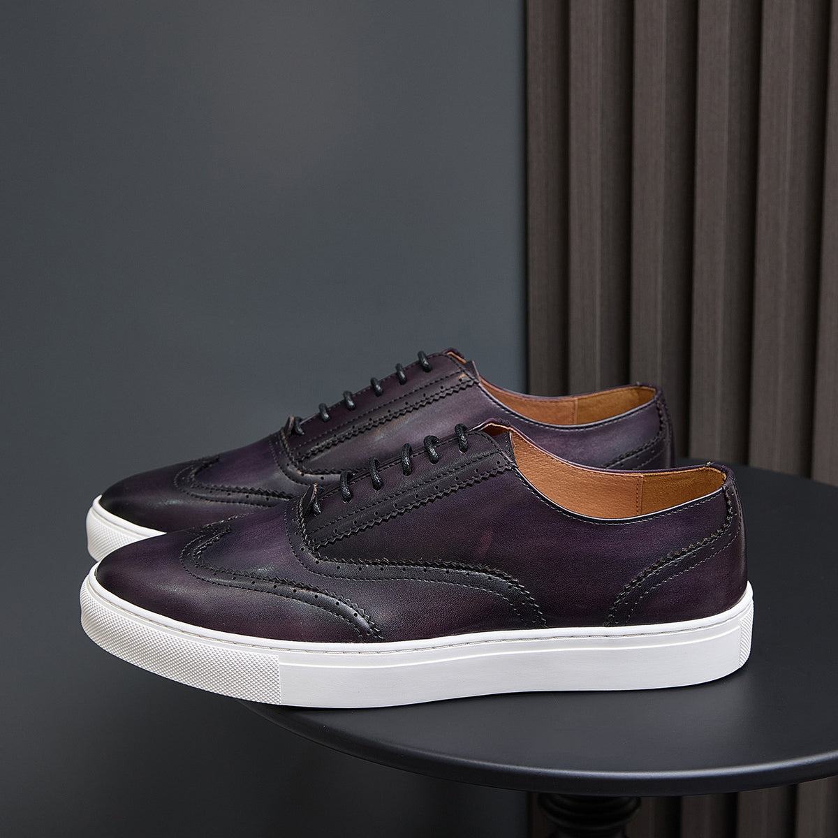 Men's leather sneakers, dark purple with white sole and lace-up front