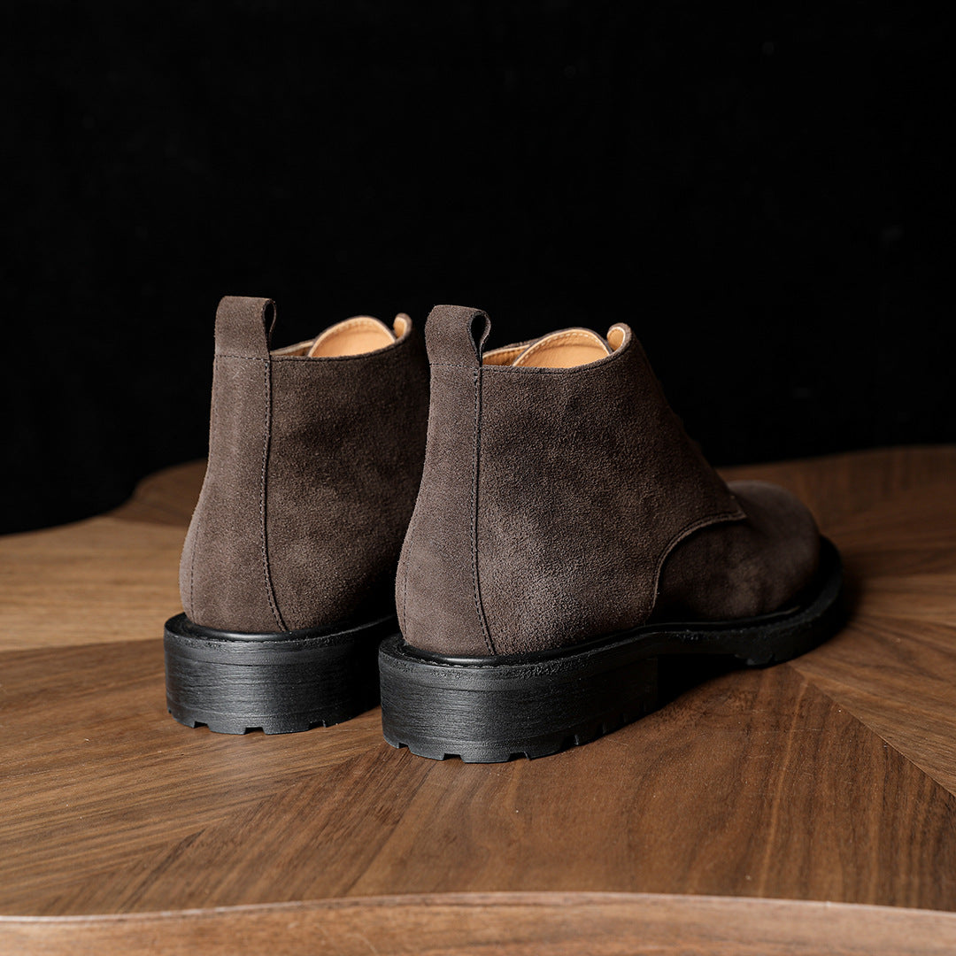 Men's dark brown suede chukka boots, heel and side profile, lace-up design