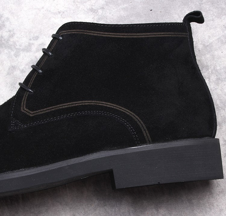 Men's suede ankle boot, dark color, side elastic gore and stitched panel