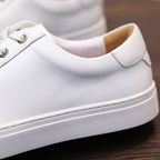 Men's white leather sneakers close-up, padded collar and heel stitching.