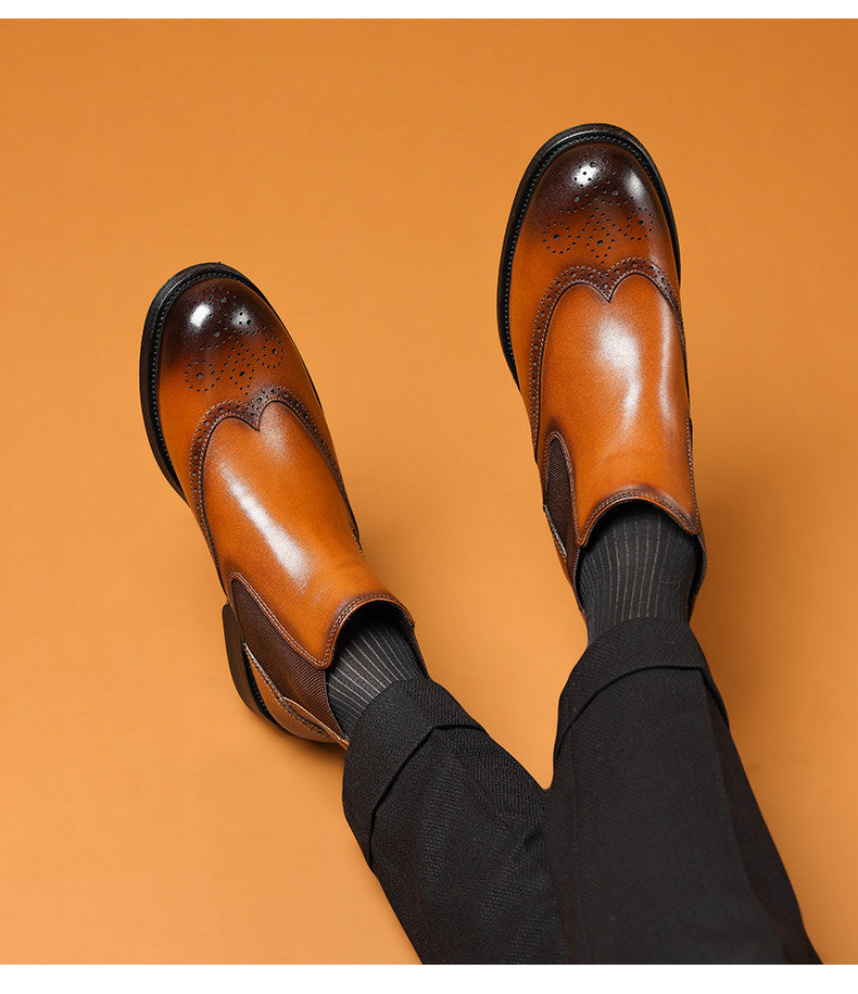 Men's brown leather chelsea dress boots, glossy finish, elastic side gore and cap toe.