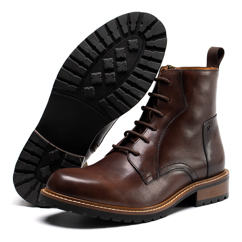 Dark brown leather lace-up side-zip dress boots with visible tread outsole