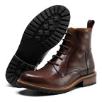 Dark brown leather lace-up side-zip dress boots with visible tread outsole